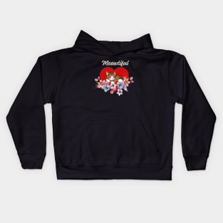 Meowtiful Cat sleeping softly on a red heart surrounded by flowers! Kids Hoodie